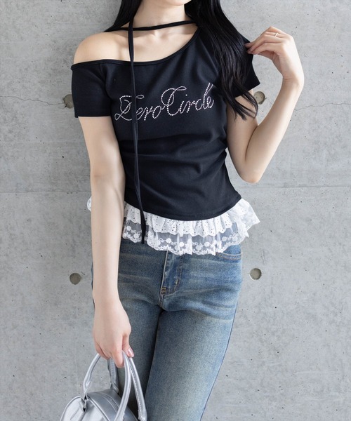 clear（クリア）の「レースフリルロゴ入りレイヤード風カットソー［Y2K 韓国ファッション 異素材］（Tシャツ/カットソー・レディース・ブラック/グレー/オフホワイト/イエロー・F）」の3枚目の写真