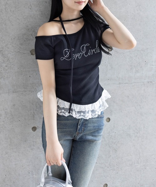 clear（クリア）の「レースフリルロゴ入りレイヤード風カットソー［Y2K 韓国ファッション 異素材］（Tシャツ/カットソー・レディース・ブラック/グレー/オフホワイト/イエロー・F）」の18枚目の写真