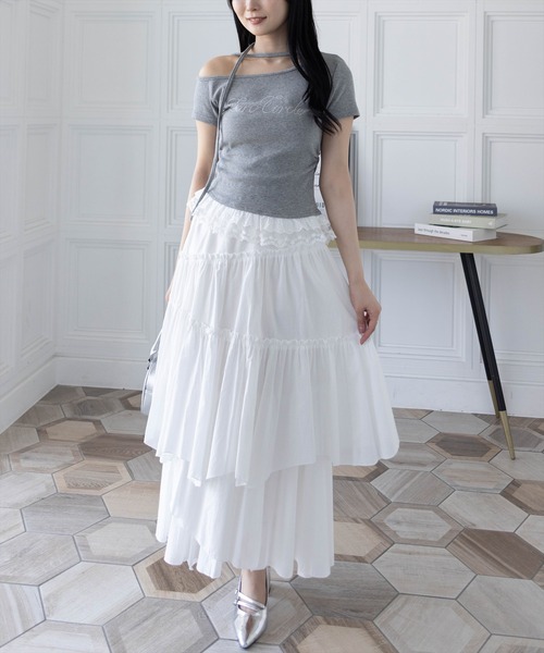 clear（クリア）の「レースフリルロゴ入りレイヤード風カットソー［Y2K 韓国ファッション 異素材］（Tシャツ/カットソー・レディース・ブラック/グレー/オフホワイト/イエロー・F）」の20枚目の写真