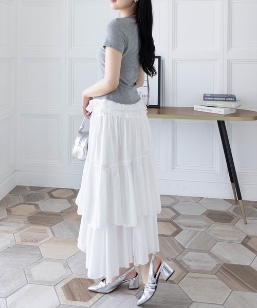 clear（クリア）の「レースフリルロゴ入りレイヤード風カットソー［Y2K 韓国ファッション 異素材］（Tシャツ/カットソー・レディース・ブラック/グレー/オフホワイト/イエロー・F）」の21枚目の写真