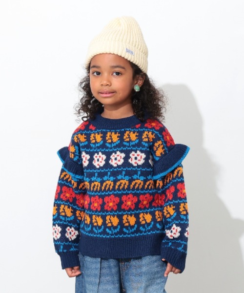 Ocean&Ground(オーシャン&グラウンド)の「フラワーフリルセーター(ニット/セーター・キッズ・ブルー系その他/グレー・90/100/110/120/130/140)」の1枚目の写真