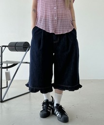 【Kitsch look】裾フリル ダーク デニム バミューダパンツ