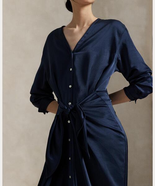 サテン タイフロント ラップ シャツドレス（シャツワンピース