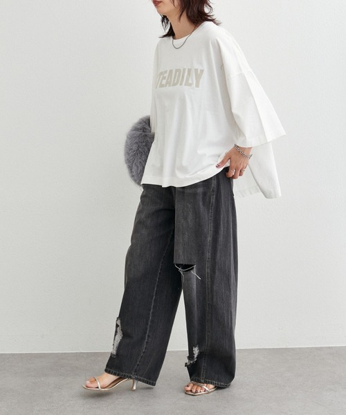 LARUTA（ラルータ）の「【LARUTA】サイドスリットBIGTシャツ（Tシャツ/カットソー・レディース・ブラウン/オフホワイト/ピンク/スミクロ・FREE）」の6枚目の写真