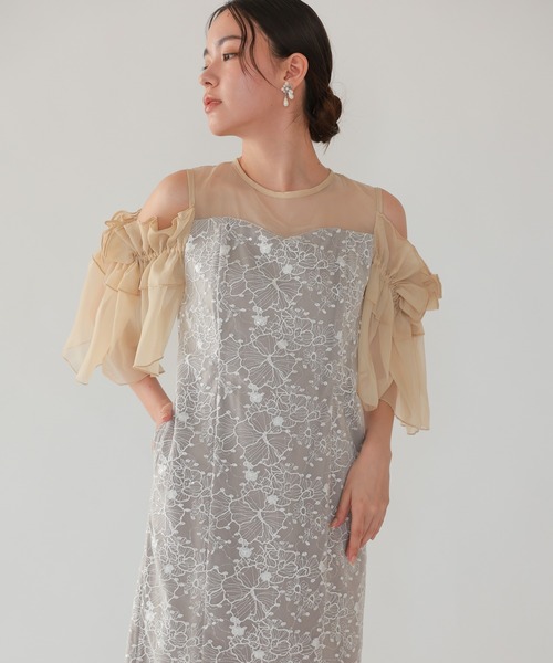 haremode(ハレモード)の「結婚式 お呼ばれ 二次会 謝恩会 成人式 同窓会 対応 20代 30代 ブロッサム チュール シアー 肩あき フリル袖 Iライン きれいめ セレモニー パーティ オケージョン ドレス(ドレス・レディース・ベージュ/ライトグレー/ブラック・S/M)」の1枚目の写真
