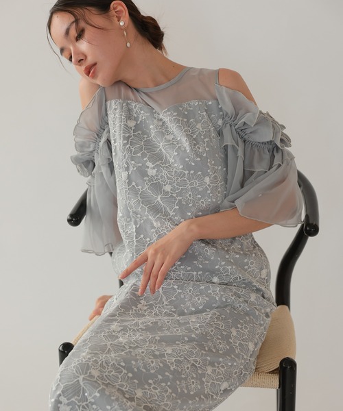 haremode(ハレモード)の「結婚式 お呼ばれ 二次会 謝恩会 成人式 同窓会 対応 20代 30代 ブロッサム チュール シアー 肩あき フリル袖 Iライン きれいめ セレモニー パーティ オケージョン ドレス(ドレス・レディース・ベージュ/ライトグレー/ブラック・S/M)」の3枚目の写真