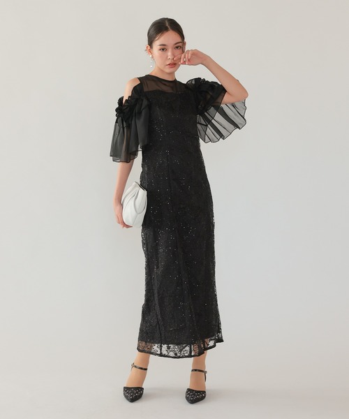 haremode(ハレモード)の「結婚式 お呼ばれ 二次会 謝恩会 成人式 同窓会 対応 20代 30代 ブロッサム チュール シアー 肩あき フリル袖 Iライン きれいめ セレモニー パーティ オケージョン ドレス(ドレス・レディース・ベージュ/ライトグレー/ブラック・S/M)」の7枚目の写真