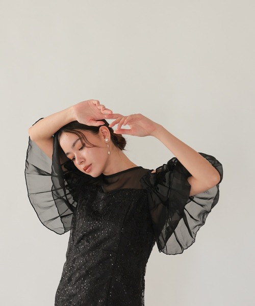 haremode(ハレモード)の「結婚式 お呼ばれ 二次会 謝恩会 成人式 同窓会 対応 20代 30代 ブロッサム チュール シアー 肩あき フリル袖 Iライン きれいめ セレモニー パーティ オケージョン ドレス(ドレス・レディース・ベージュ/ライトグレー/ブラック・S/M)」の4枚目の写真