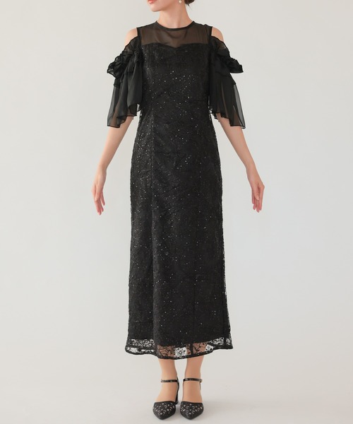 haremode(ハレモード)の「結婚式 お呼ばれ 二次会 謝恩会 成人式 同窓会 対応 20代 30代 ブロッサム チュール シアー 肩あき フリル袖 Iライン きれいめ セレモニー パーティ オケージョン ドレス(ドレス・レディース・ベージュ/ライトグレー/ブラック・S/M)」の14枚目の写真