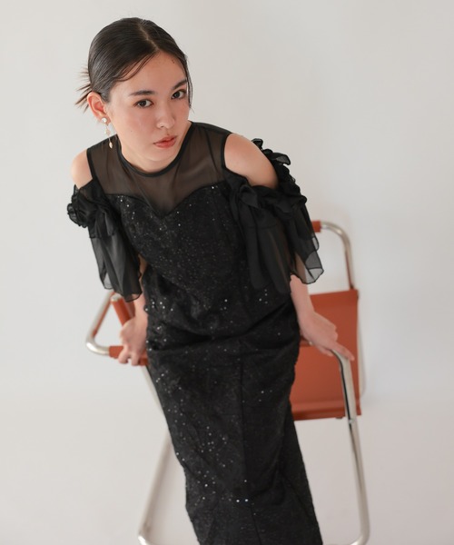 haremode(ハレモード)の「結婚式 お呼ばれ 二次会 謝恩会 成人式 同窓会 対応 20代 30代 ブロッサム チュール シアー 肩あき フリル袖 Iライン きれいめ セレモニー パーティ オケージョン ドレス(ドレス・レディース・ベージュ/ライトグレー/ブラック・S/M)」の6枚目の写真