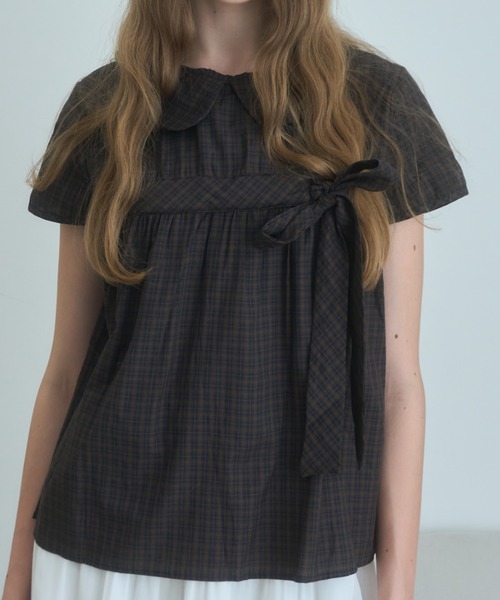 丸襟チェックリボンブラウス/round-neckcheckedribbonblouse