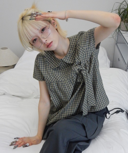丸襟チェックリボンブラウス/round-neckcheckedribbonblouse