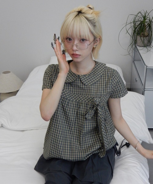 丸襟チェックリボンブラウス/round-neckcheckedribbonblouse