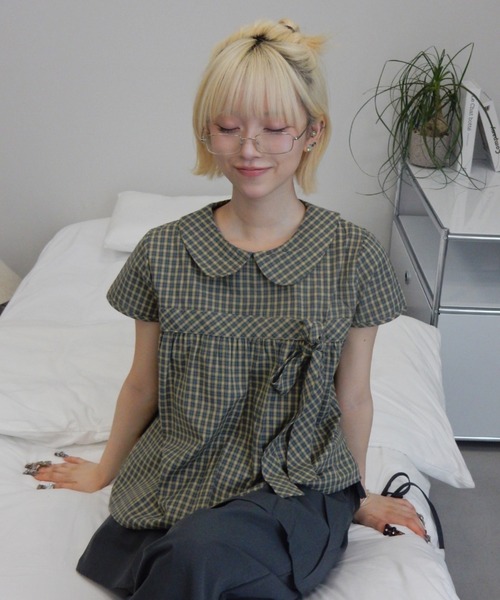 丸襟チェックリボンブラウス/round-neckcheckedribbonblouse