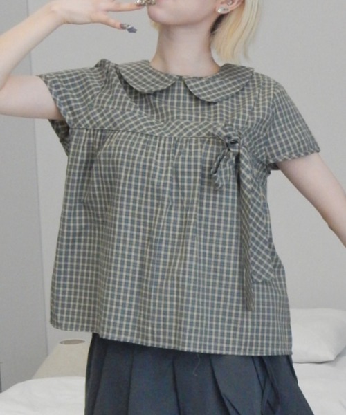 丸襟チェックリボンブラウス/round-neckcheckedribbonblouse