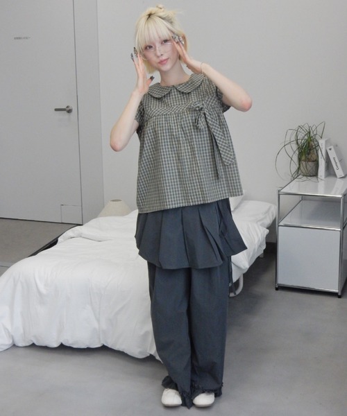 丸襟チェックリボンブラウス/round-neckcheckedribbonblouse