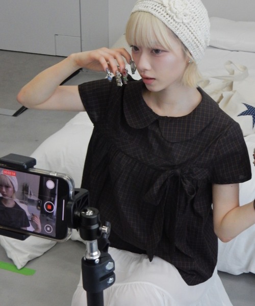 丸襟チェックリボンブラウス/round-neckcheckedribbonblouse