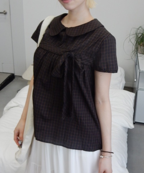 丸襟チェックリボンブラウス/round-neckcheckedribbonblouse