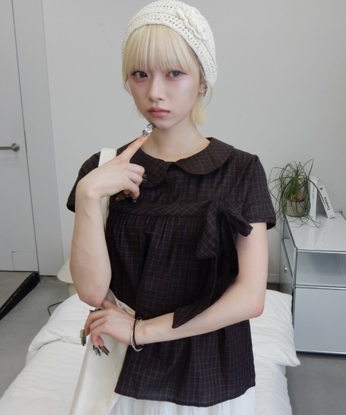丸襟チェックリボンブラウス/round-neckcheckedribbonblouse