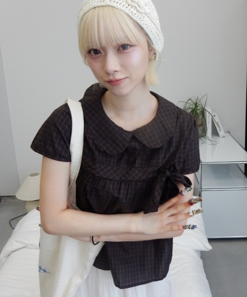 丸襟チェックリボンブラウス/round-neckcheckedribbonblouse