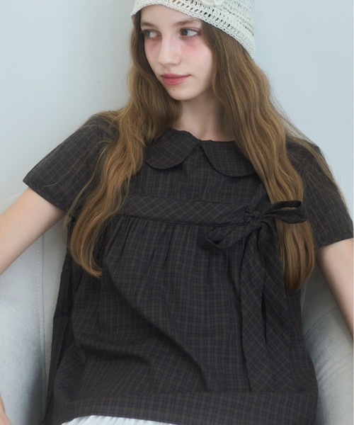 丸襟チェックリボンブラウス/round-neck checked ribbon blouse