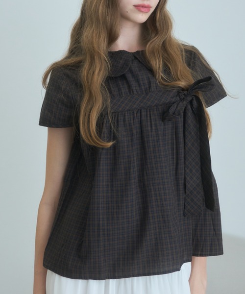 丸襟チェックリボンブラウス/round-neck checked ribbon blouse