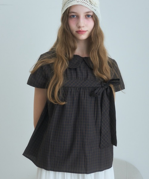 丸襟チェックリボンブラウス/round-neck checked ribbon blouse