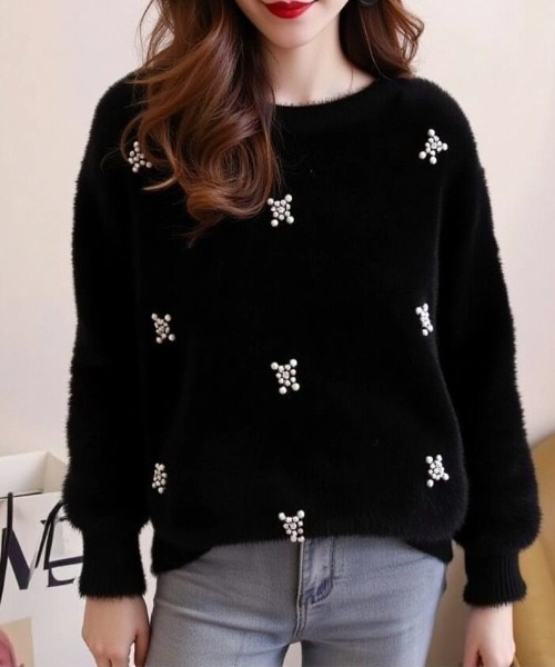cammie(キャミー)の「パール付きシャギーニット(ニット/セーター・レディース・サックスブルー/ホワイト/ベージュ/ブラック・F)」の5枚目の写真