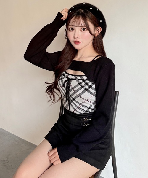 NOMAE（ノーマエ）の「チェックリボンショートレイヤードニット（ニット/セーター・レディース・ホワイト系その他/ベージュ系その他/グレー系その他/ピンク系その他・FREE）」の2枚目の写真