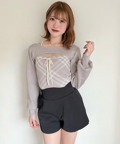 NOMAE（ノーマエ）の「チェックリボンショートレイヤードニット（ニット/セーター・レディース・ホワイト系その他/ベージュ系その他/グレー系その他/ピンク系その他・FREE）」の3枚目の写真