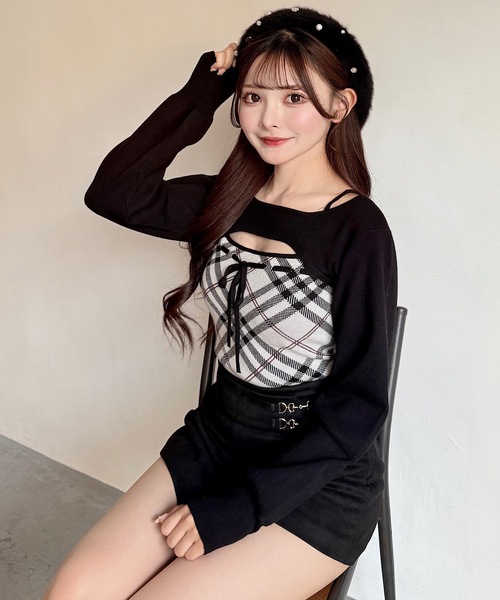 【新品・未使用】ENDAY 2wayチェックニット チェックリボンショートレイヤードニット（ニット/セーター）｜NOMAE