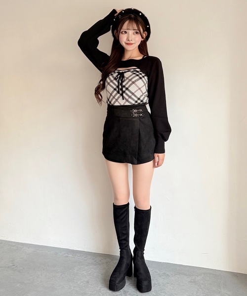 チェックリボンショートレイヤードニット（ニット/セーター）｜NOMAE