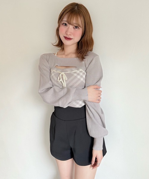 NOMAE（ノーマエ）の「チェックリボンショートレイヤードニット（ニット/セーター・レディース・ホワイト系その他/ベージュ系その他/グレー系その他/ピンク系その他・FREE）」の5枚目の写真