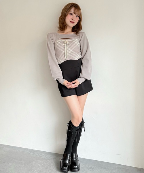 NOMAE（ノーマエ）の「チェックリボンショートレイヤードニット（ニット/セーター・レディース・ホワイト系その他/ベージュ系その他/グレー系その他/ピンク系その他・FREE）」の7枚目の写真