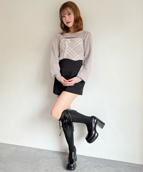 NOMAE（ノーマエ）の「チェックリボンショートレイヤードニット（ニット/セーター・レディース・ホワイト系その他/ベージュ系その他/グレー系その他/ピンク系その他・FREE）」の8枚目の写真