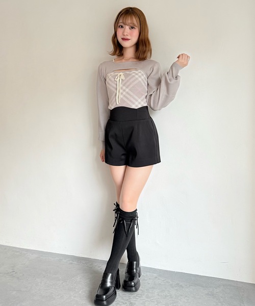 NOMAE（ノーマエ）の「チェックリボンショートレイヤードニット（ニット/セーター・レディース・ホワイト系その他/ベージュ系その他/グレー系その他/ピンク系その他・FREE）」の9枚目の写真