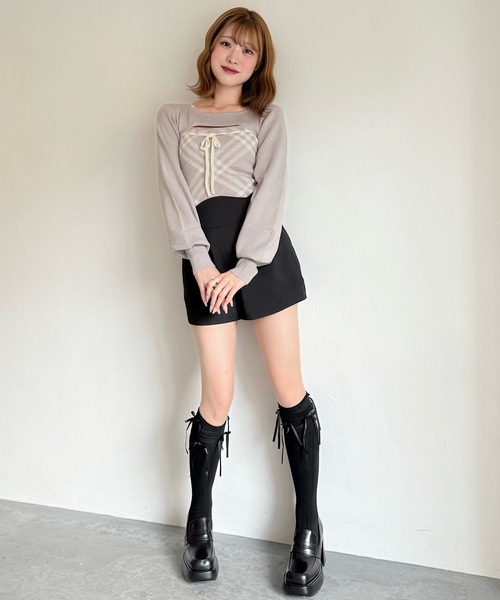 NOMAE（ノーマエ）の「チェックリボンショートレイヤードニット（ニット/セーター・レディース・ホワイト系その他/ベージュ系その他/グレー系その他/ピンク系その他・FREE）」の10枚目の写真