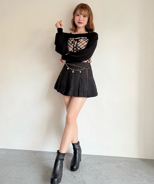 NOMAE リボンキャミボレロアンサンブルニット アイボリー チェック