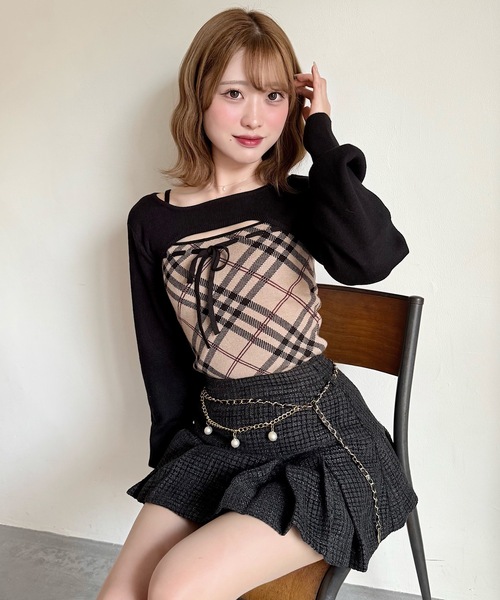 チェックリボンショートレイヤードニット（ニット/セーター）｜NOMAE