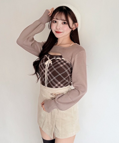 チェックリボンショートレイヤードニット（ニット/セーター