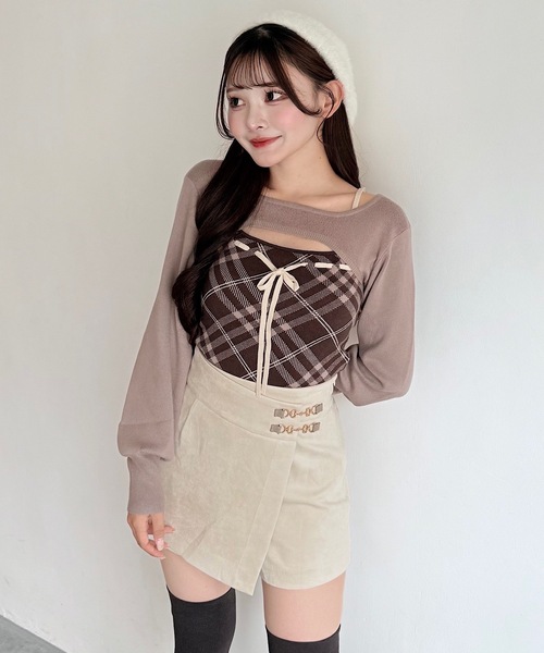 チェックリボンショートレイヤードニット（ニット/セーター