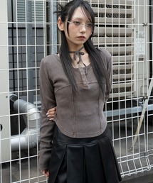 WEGO | WEGO/【25年秋冬新作】ヴィンテージウォッシュネックリボントップス(Tシャツ/カットソー)