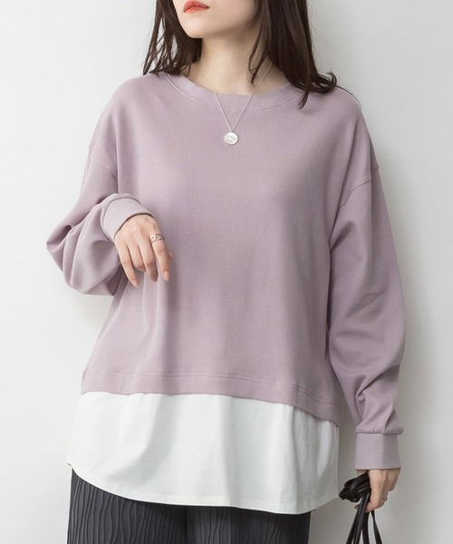 MARAI(マーライ)の「ワッフル裾切り替えフェイクレイヤード長袖Tシャツ(Tシャツ/カットソー・レディース・パープル/ブラウン/カーキ/ブラック/チャコールグレー・4L~5L/LL~3L/M~L)」の5枚目の写真