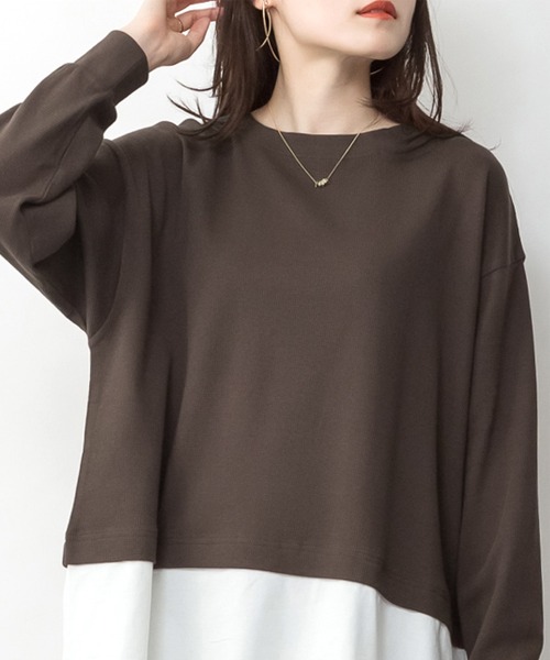 MARAI(マーライ)の「ワッフル裾切り替えフェイクレイヤード長袖Tシャツ(Tシャツ/カットソー・レディース・パープル/ブラウン/カーキ/ブラック/チャコールグレー・4L~5L/LL~3L/M~L)」の3枚目の写真