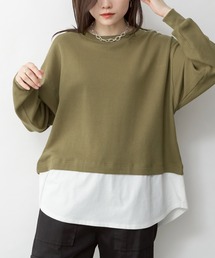 ワッフル裾切り替えフェイクレイヤード長袖Tシャツ