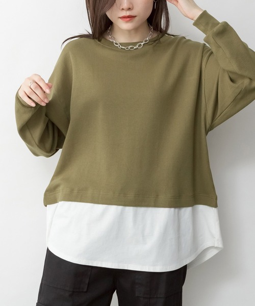 MARAI(マーライ)の「ワッフル裾切り替えフェイクレイヤード長袖Tシャツ(Tシャツ/カットソー・レディース・パープル/ブラウン/カーキ/ブラック/チャコールグレー・4L~5L/LL~3L/M~L)」の4枚目の写真
