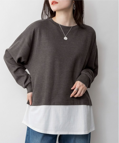 MARAI(マーライ)の「ワッフル裾切り替えフェイクレイヤード長袖Tシャツ(Tシャツ/カットソー・レディース・パープル/ブラウン/カーキ/ブラック/チャコールグレー・4L~5L/LL~3L/M~L)」の2枚目の写真