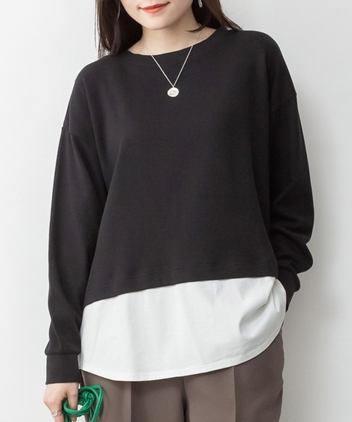MARAI(マーライ)の「ワッフル裾切り替えフェイクレイヤード長袖Tシャツ(Tシャツ/カットソー・レディース・パープル/ブラウン/カーキ/ブラック/チャコールグレー・4L~5L/LL~3L/M~L)」の1枚目の写真