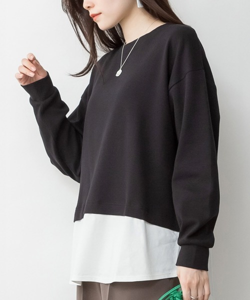 MARAI(マーライ)の「ワッフル裾切り替えフェイクレイヤード長袖Tシャツ(Tシャツ/カットソー・レディース・パープル/ブラウン/カーキ/ブラック/チャコールグレー・4L~5L/LL~3L/M~L)」の7枚目の写真
