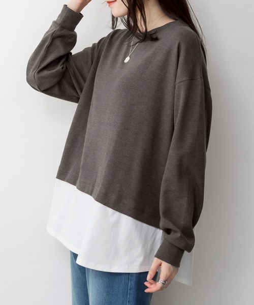 MARAI(マーライ)の「ワッフル裾切り替えフェイクレイヤード長袖Tシャツ(Tシャツ/カットソー・レディース・パープル/ブラウン/カーキ/ブラック/チャコールグレー・4L~5L/LL~3L/M~L)」の10枚目の写真